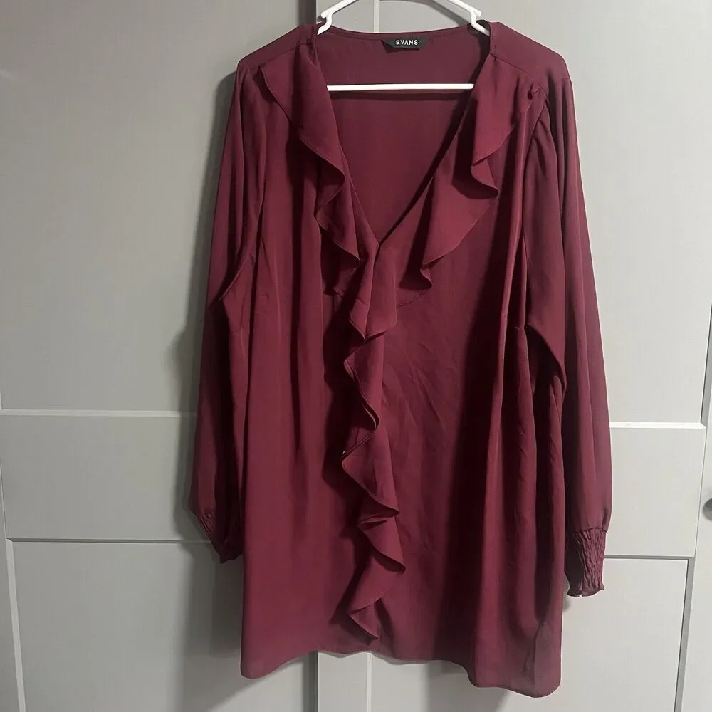 Evans Womens Long Balloon Sleeve Chiffon Ruffle Tunic Top Burgundy Size US 20